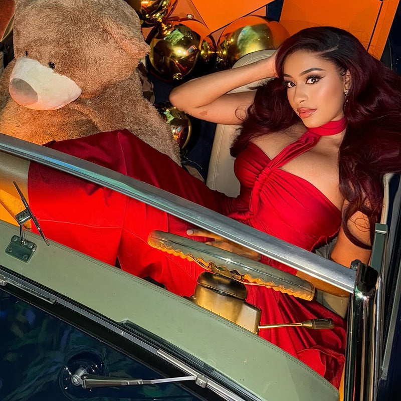 Solid Color Elegant Women Backless Lace up Tube Top Hip Pleated off Neck Dress Cocktail Dress Bella Mia